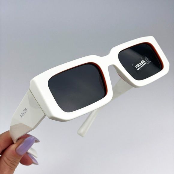 Prada PR06YS 17M5S0 Sunglasses Talc Orange Dark Grey Rectangle Unisex - Picture 4 of 13